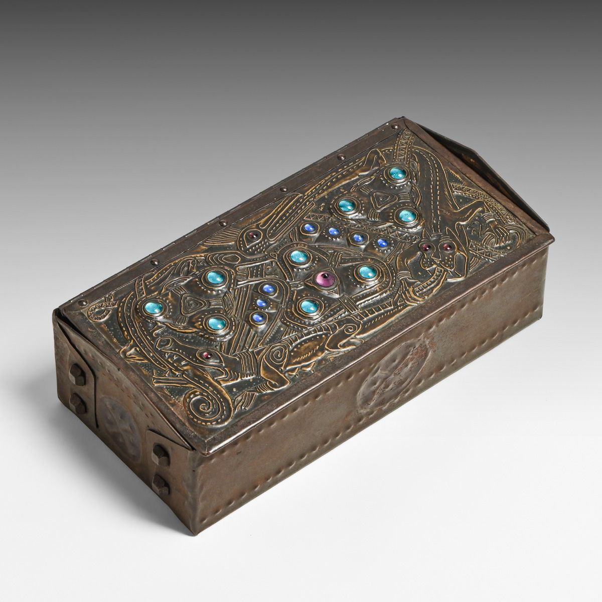 Alfred-Louis-Achille Daguet (French 1875–1942) Art Nouveau Hammered Copper & Iron Cabochon Jeweled Box c1900s