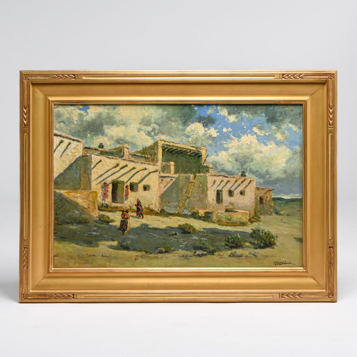 Manuel Valencia (1856-1935) Painting "Taos Pueblo" c1910