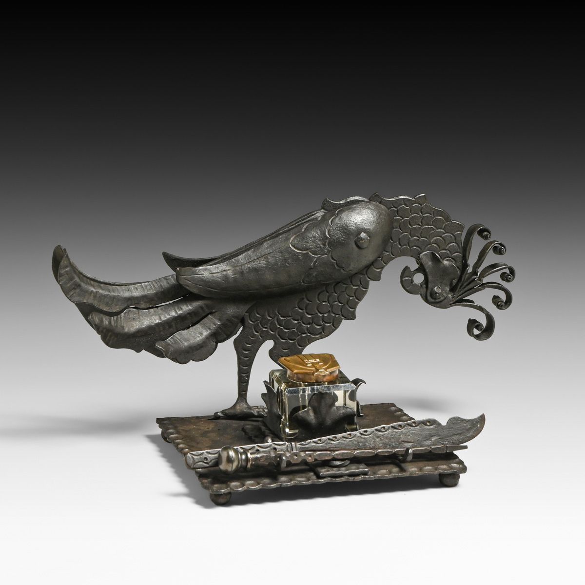 German Jugendstil Arts & Crafts Iron Pheasant Inkwell Set c1900s