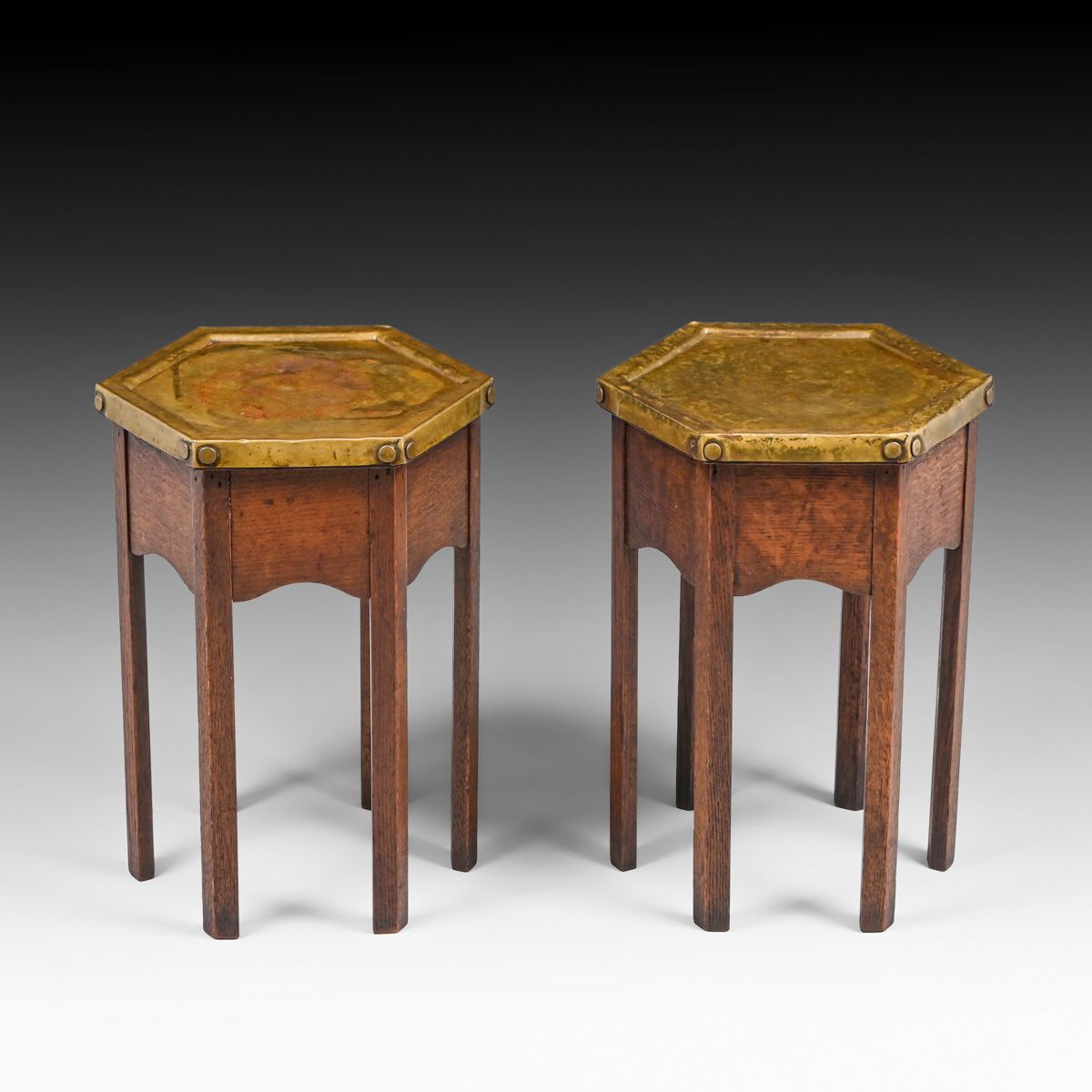 Grand Rapids Pair Oak & Brasstop Hexagonal Taborets c1910