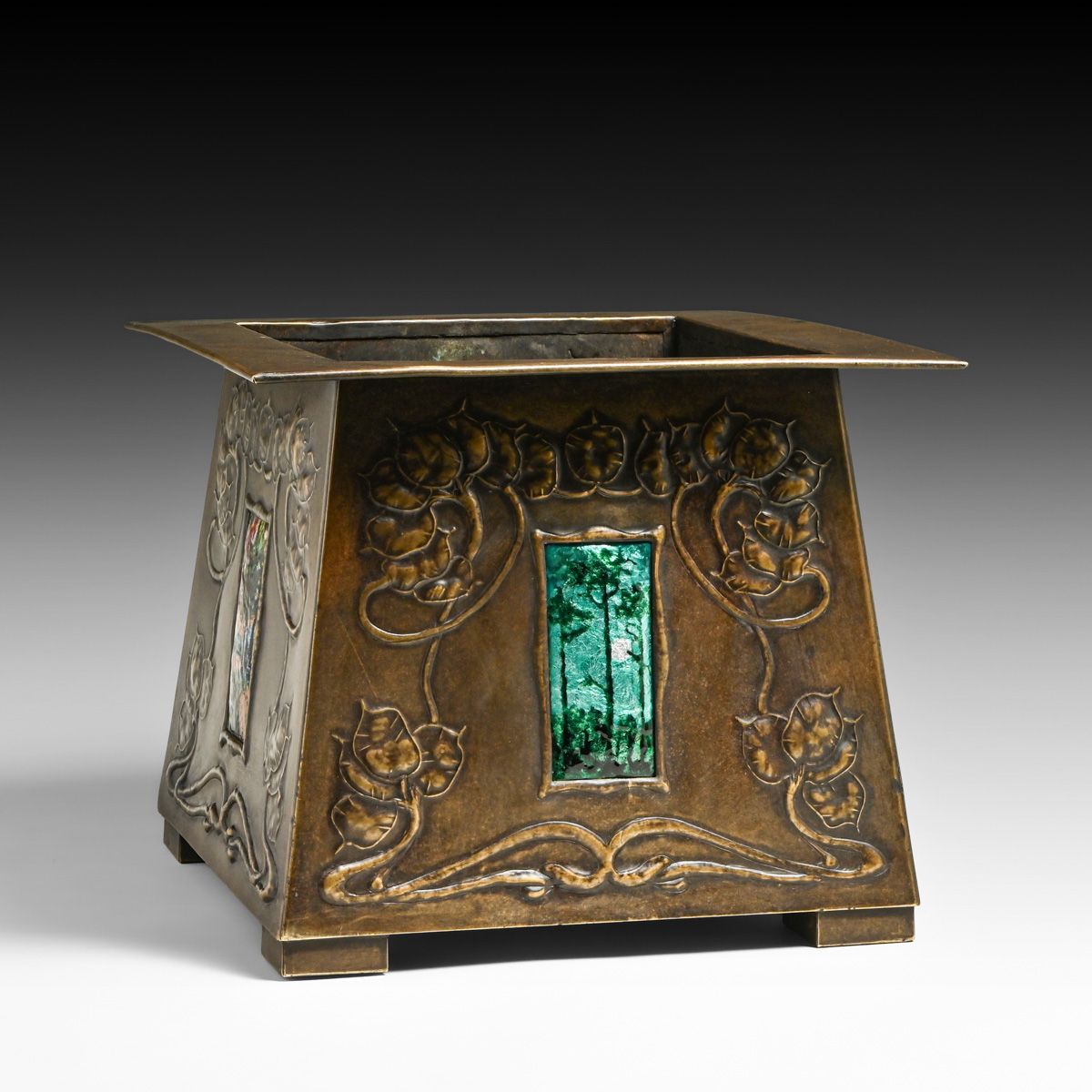 Margaret Gilmour - Glasgow Hammered Copper & Enamel Square Jardiniere c1905