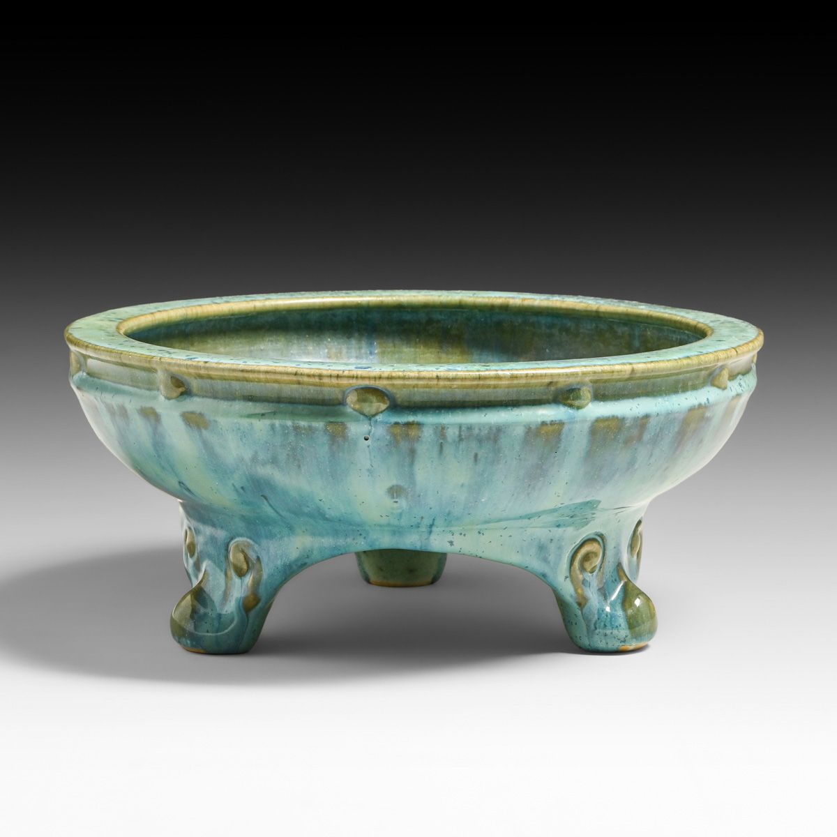Fulper Pottery Blue Crystalline Three-Footed Fruit Bowl c1910s