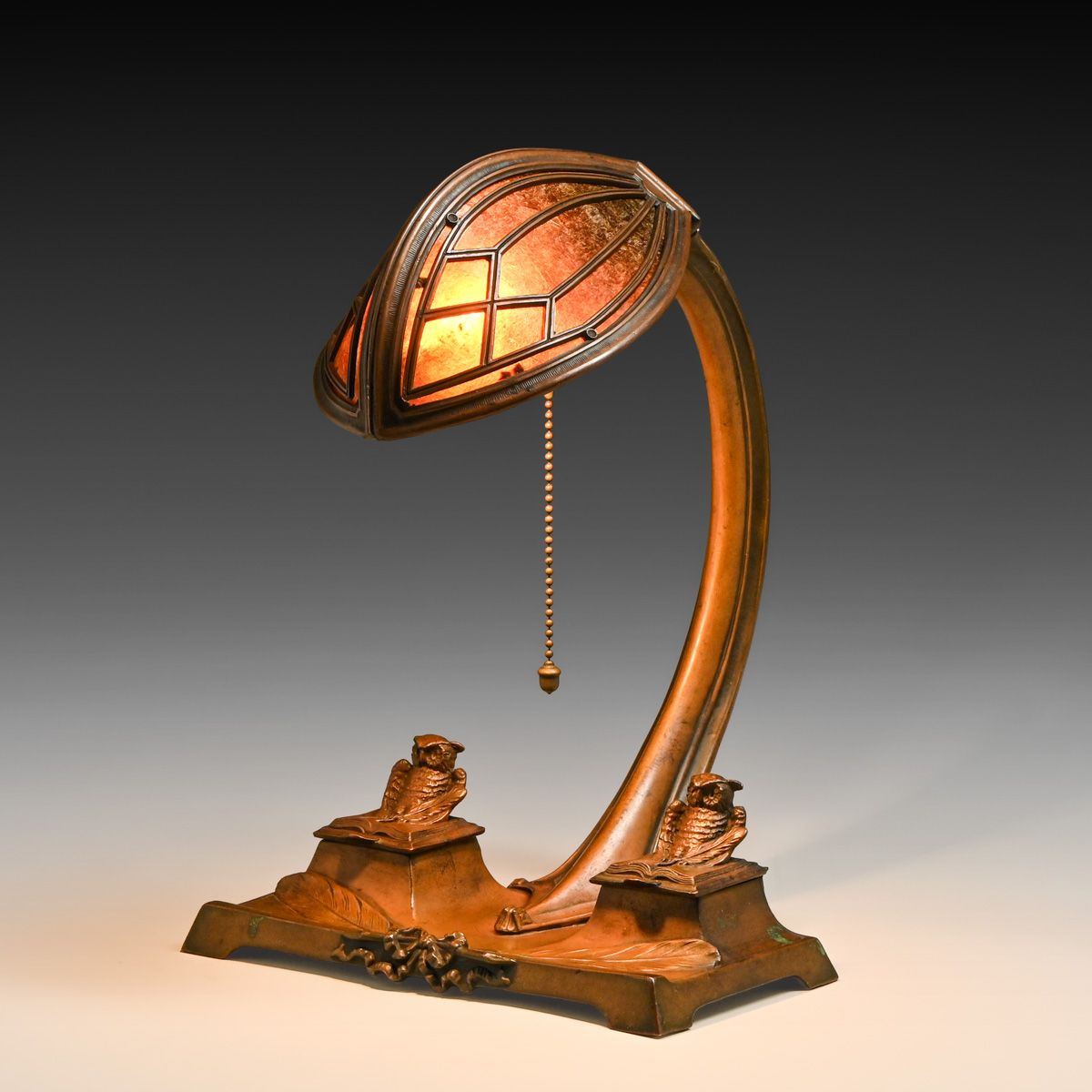 Art Nouveau Bronze Patinated & Mica Double Owl Desk Lamp c1920