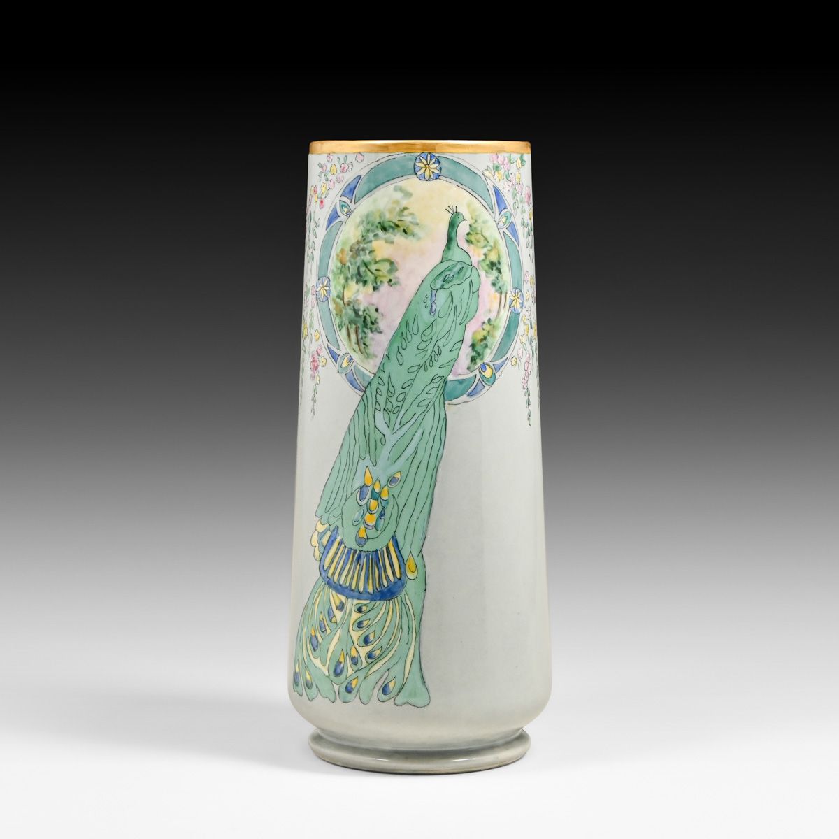 American Arts & Crafts Hand-Decorated Limoges Porcelain Peacock Vase c1910