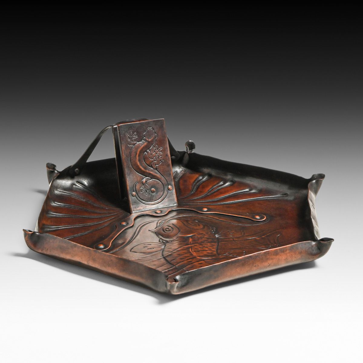 Newlyn Art Nouveau Repousse Sea Creature Hammered Copper Smoker's Tray c1890s