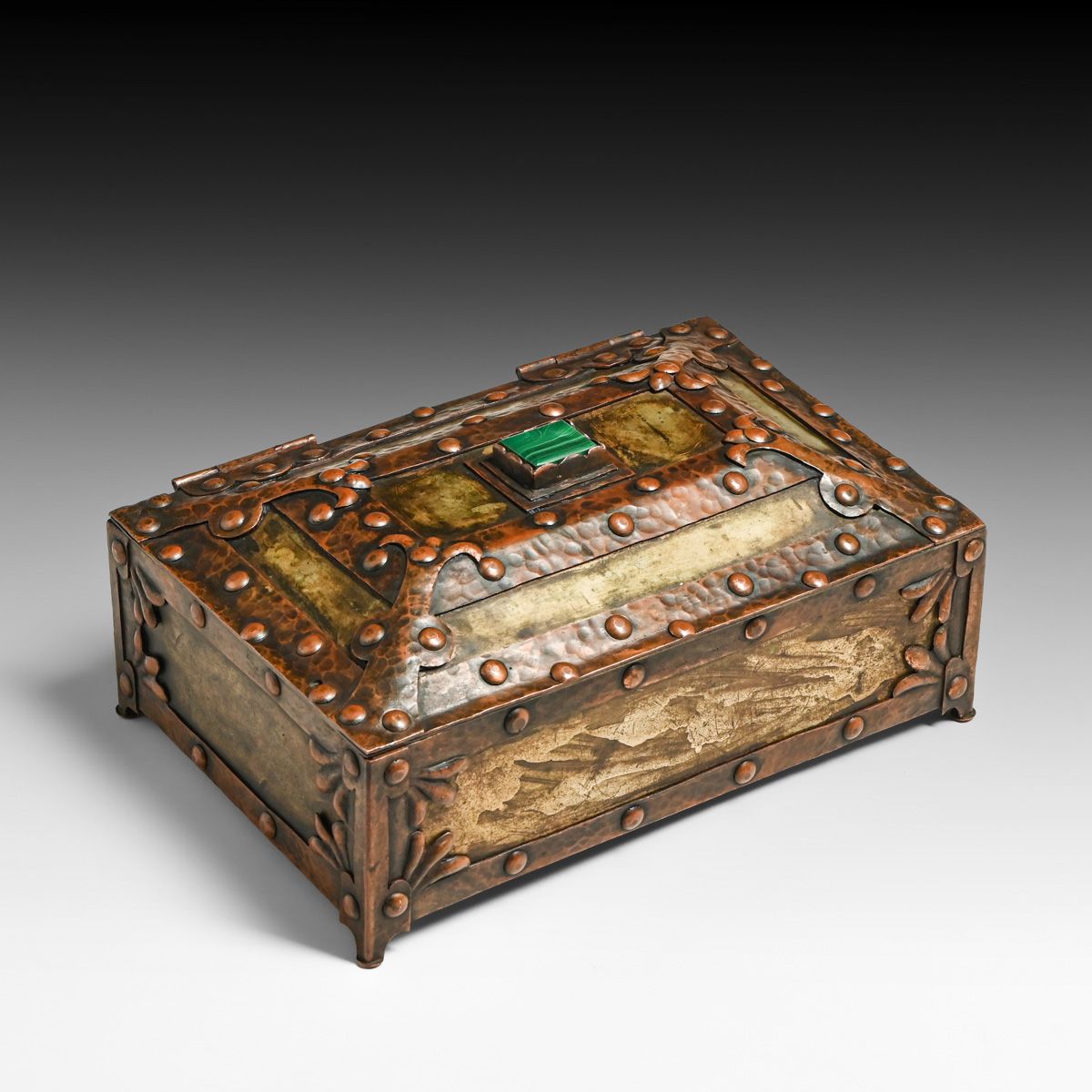 American Arts & Crafts Hammered Copper Mixed Metal & Malachite Box c1910