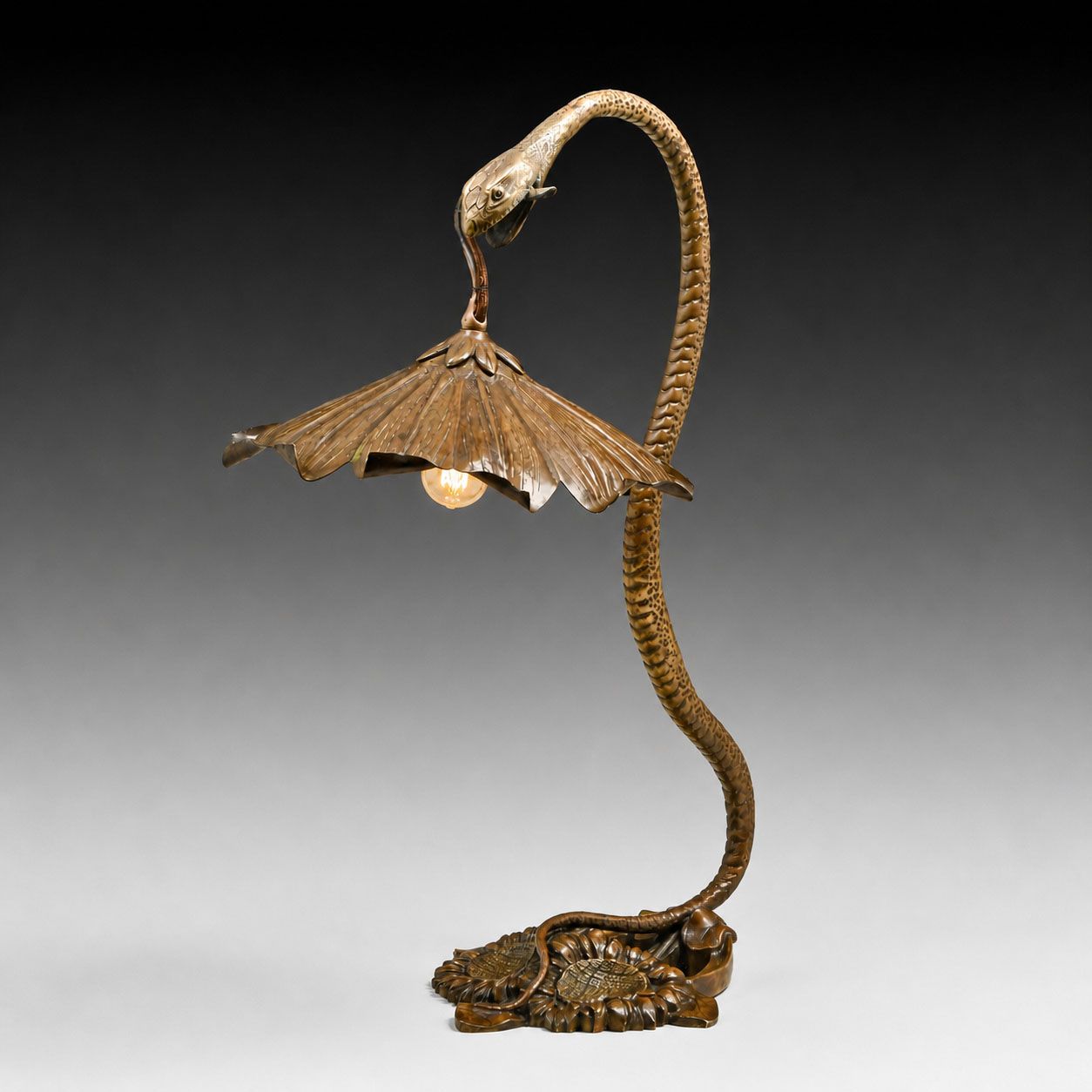 Art Nouveau Cast & Hammered Brass Snake Lamp c1900s