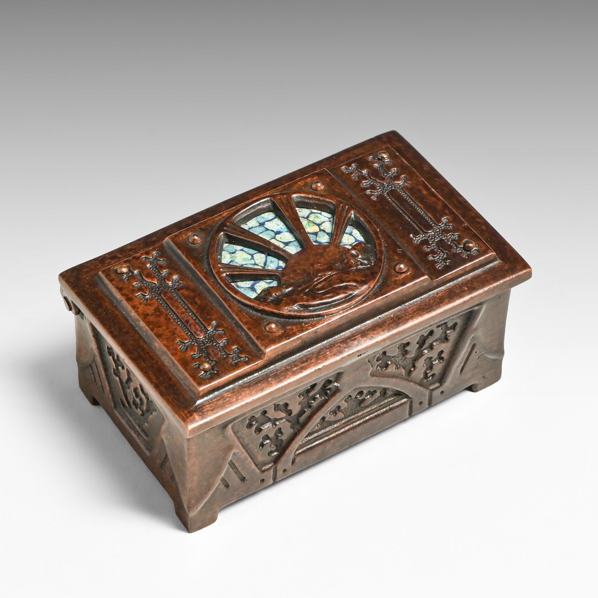 Austrian Secessionist Marquetry Inset Brass Stamp Box c1900