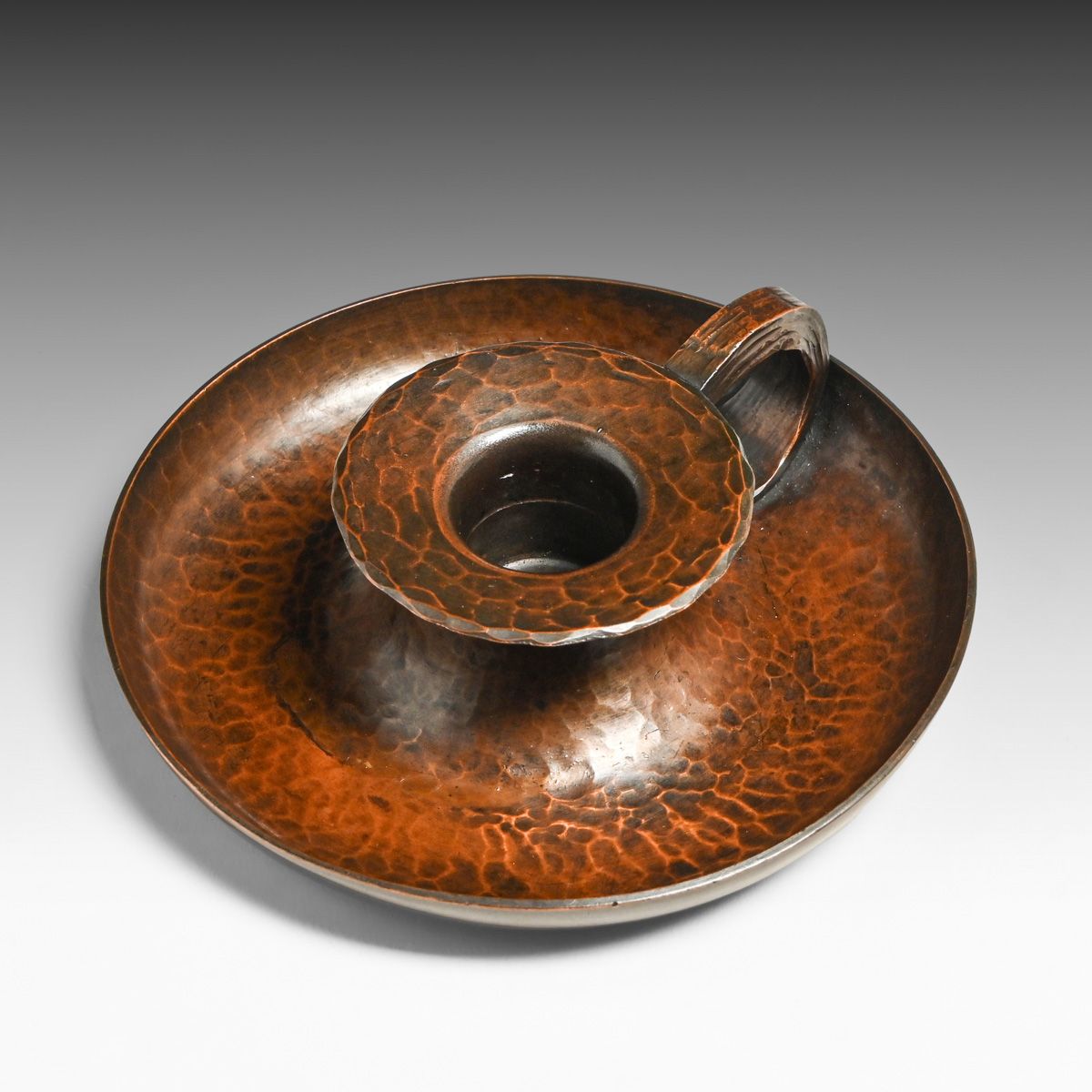 Early Roycroft Hammered Copper One-Handle Candlestick c1915