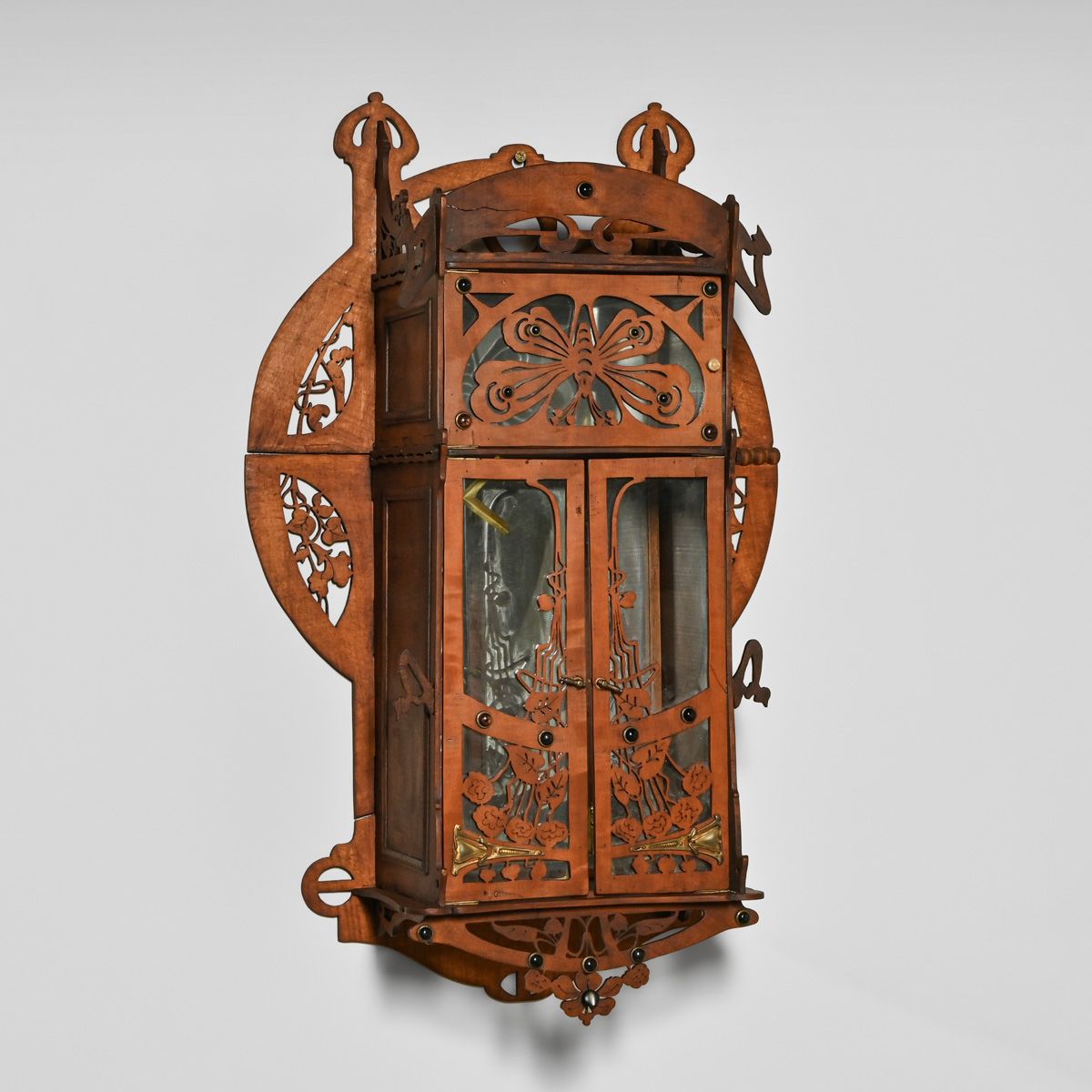 French Art Nouveau Hand Carved Walnut Hanging Vitrine c1900