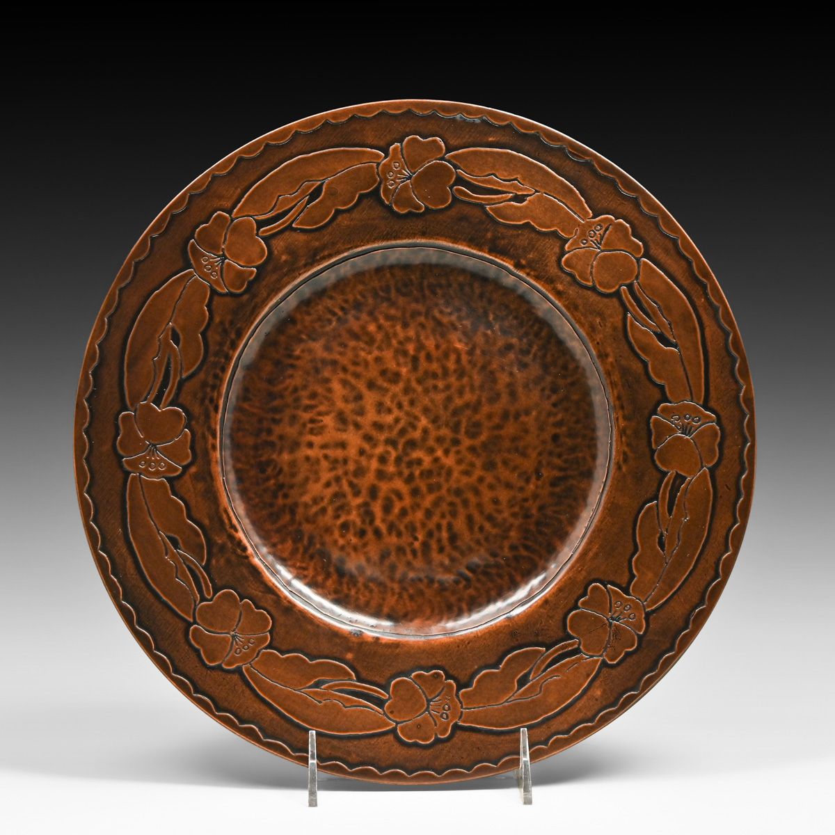 Arts & Crafts Period Hammered Copper Acid-Etched Tray c1910