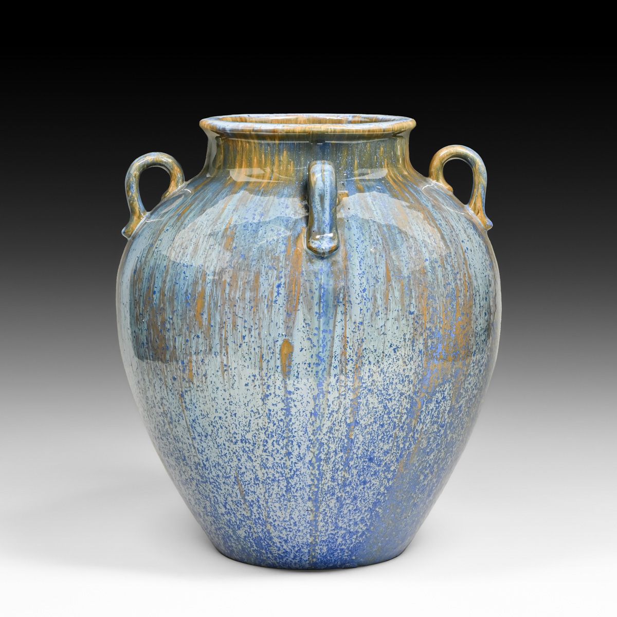 Large Fulper Pottery Four-Handled Bulbous Blue Crystalline Vase c1910s