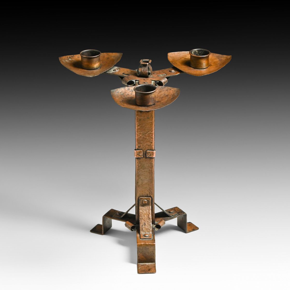 Rare Charles Rohlfs Hammered Copper Triple Candlestick 1905