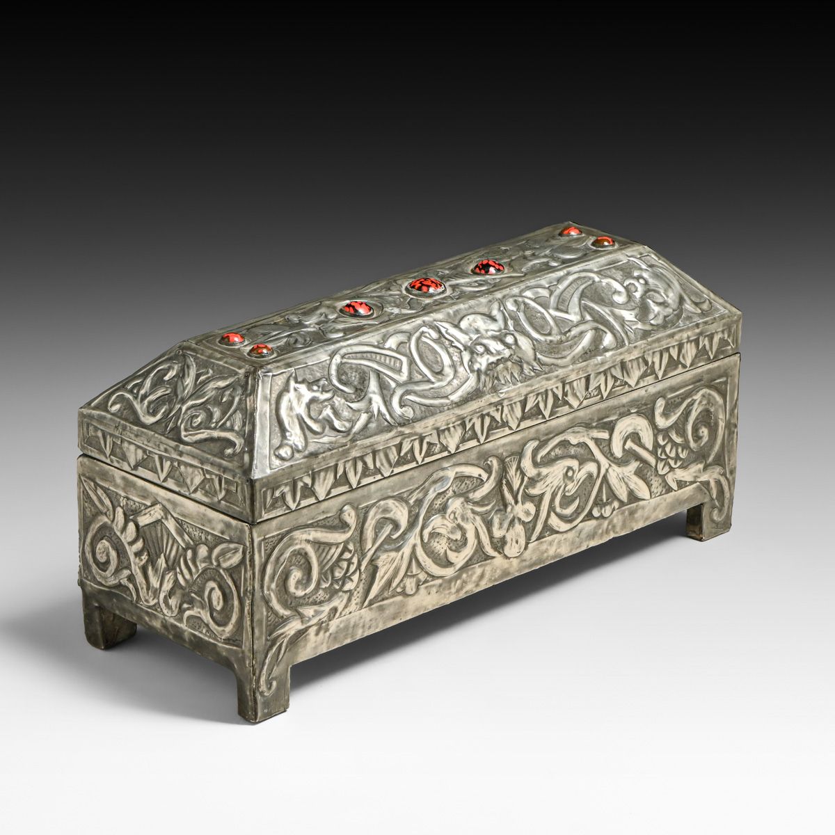French Art Nouveau Repoussé Pewter & Cabochon Casket c1900s