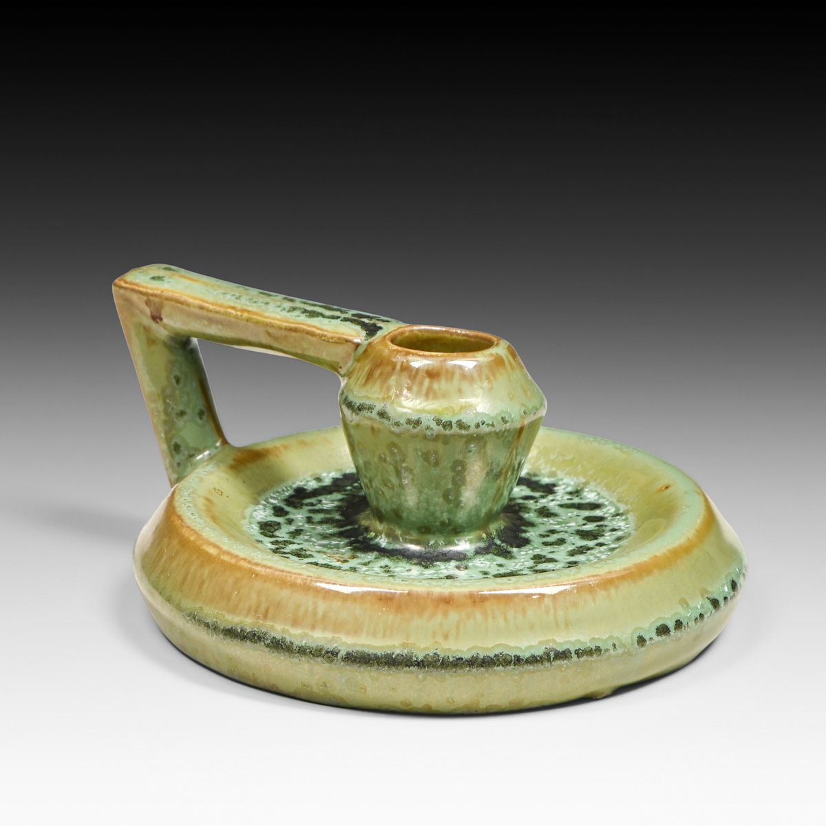 Fulper Pottery Leopardskin Glazed One-Handled Candlestick c1917-1920