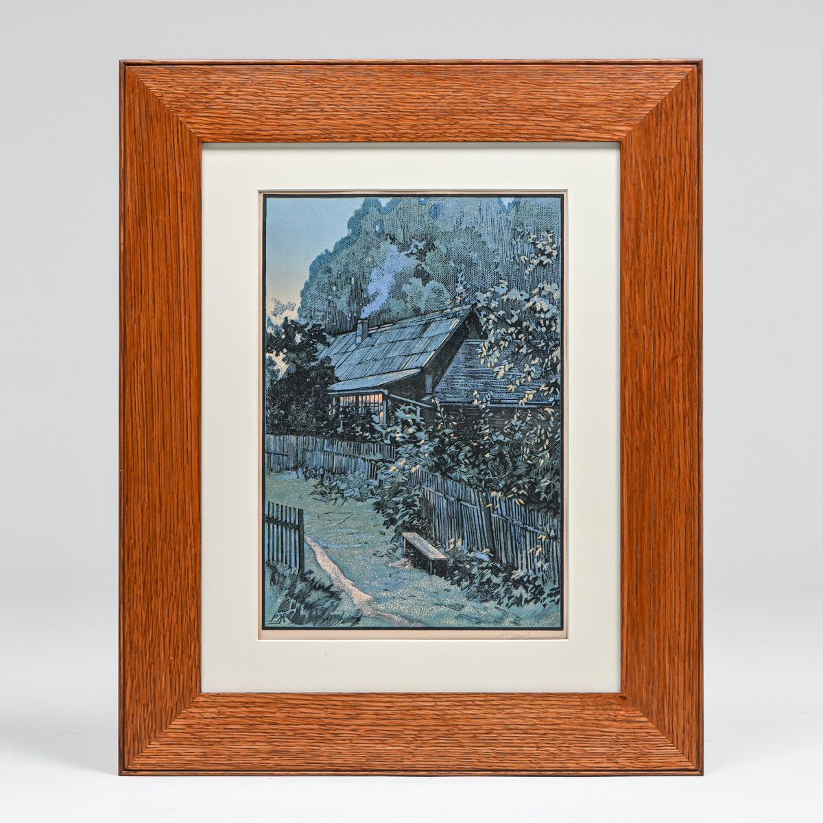 Russian Arts & Crafts Color Woodcut "Blue Evening"