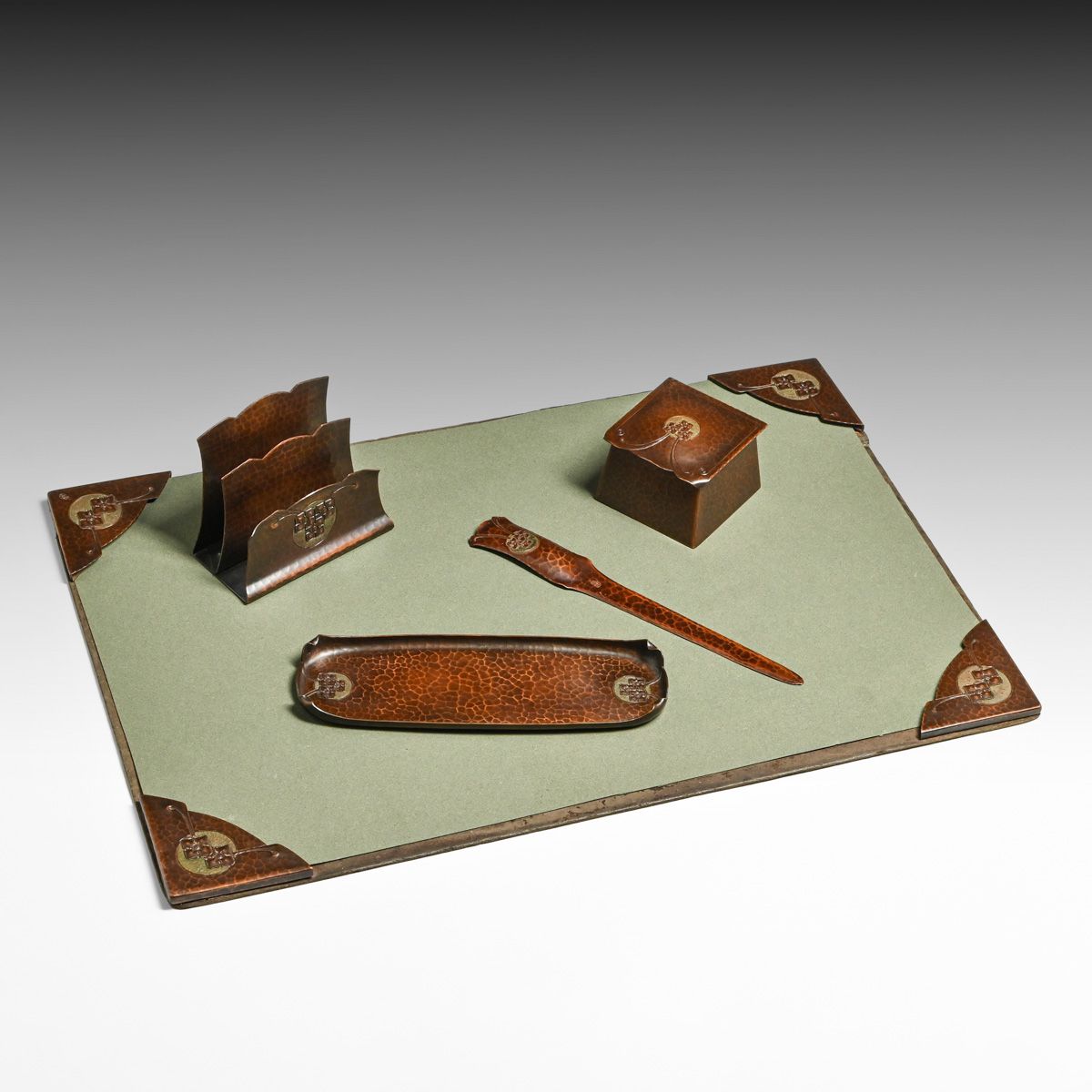 Roycroft Hammered Copper Italian Renaissance Five Piece Desk Set c1915