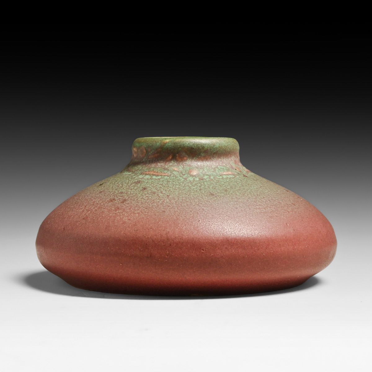 Rookwood Pottery #1301 Matte Green over Pink Squat Vase 1909
