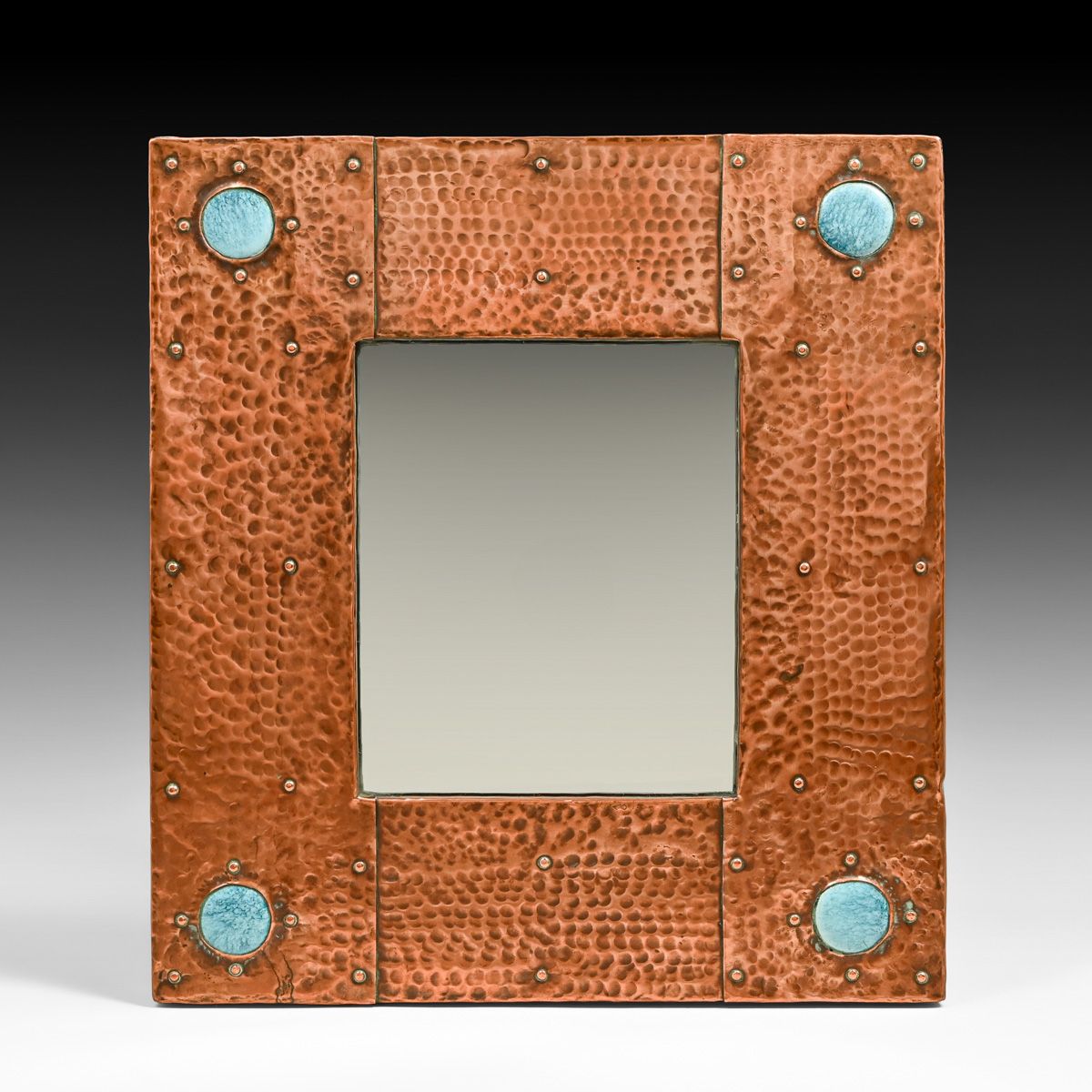 Liberty & Co Hammered Copper & Ruskin Enamel Cabochon Mirror c1900s