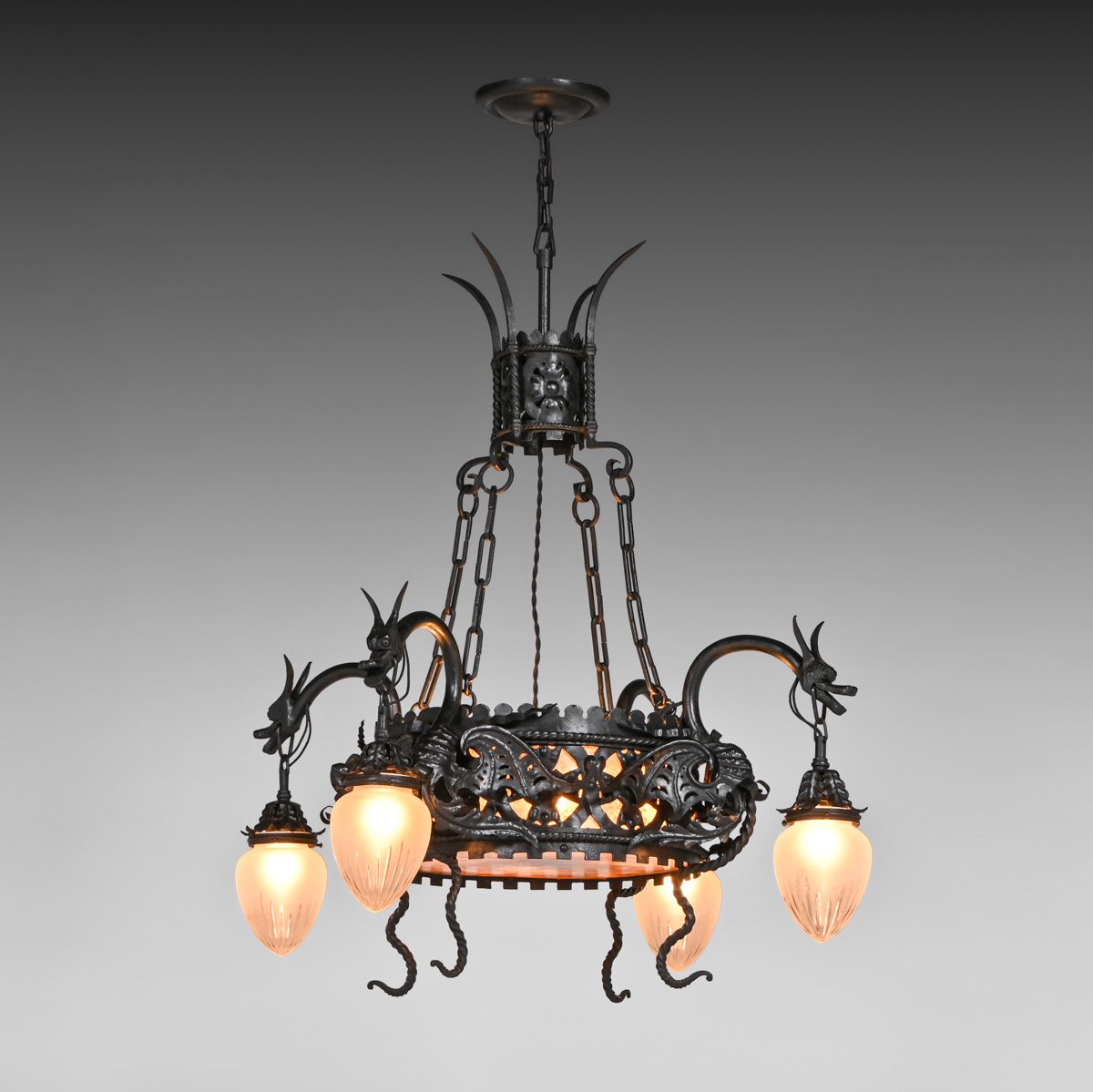 French Gothic Revival Art Nouveau Hand-Forged Iron Dragon Chandelier c1900s
