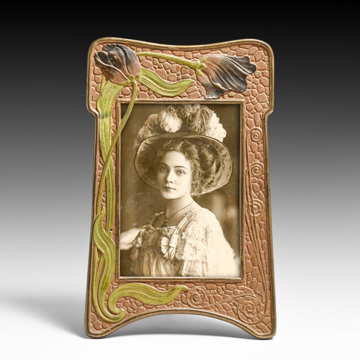 French Art Nouveau Hand-Painted Brass Picture Frame c1900s