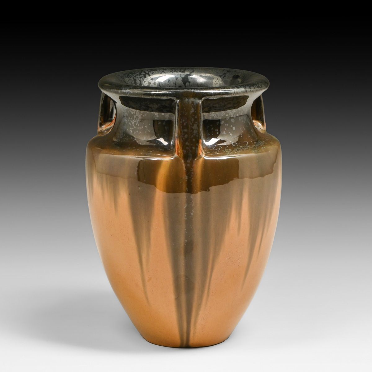 Fulper Pottery Three-Handled Mirror Black & Orange Flambe Bullet-Form Vase c1917-1920