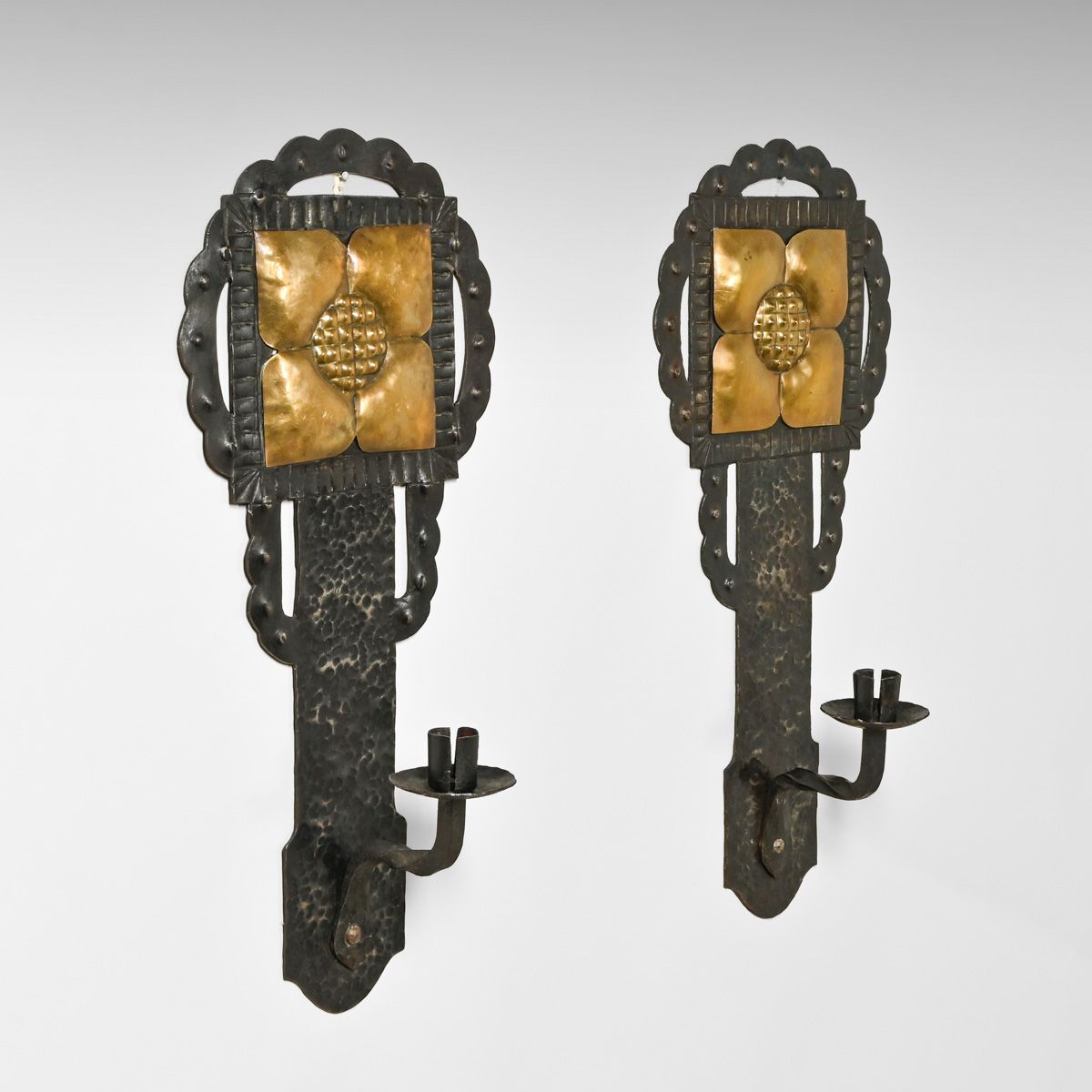 Arts & Crafts Period Hand-Forged Iron & Brass Candlesconces c1900s