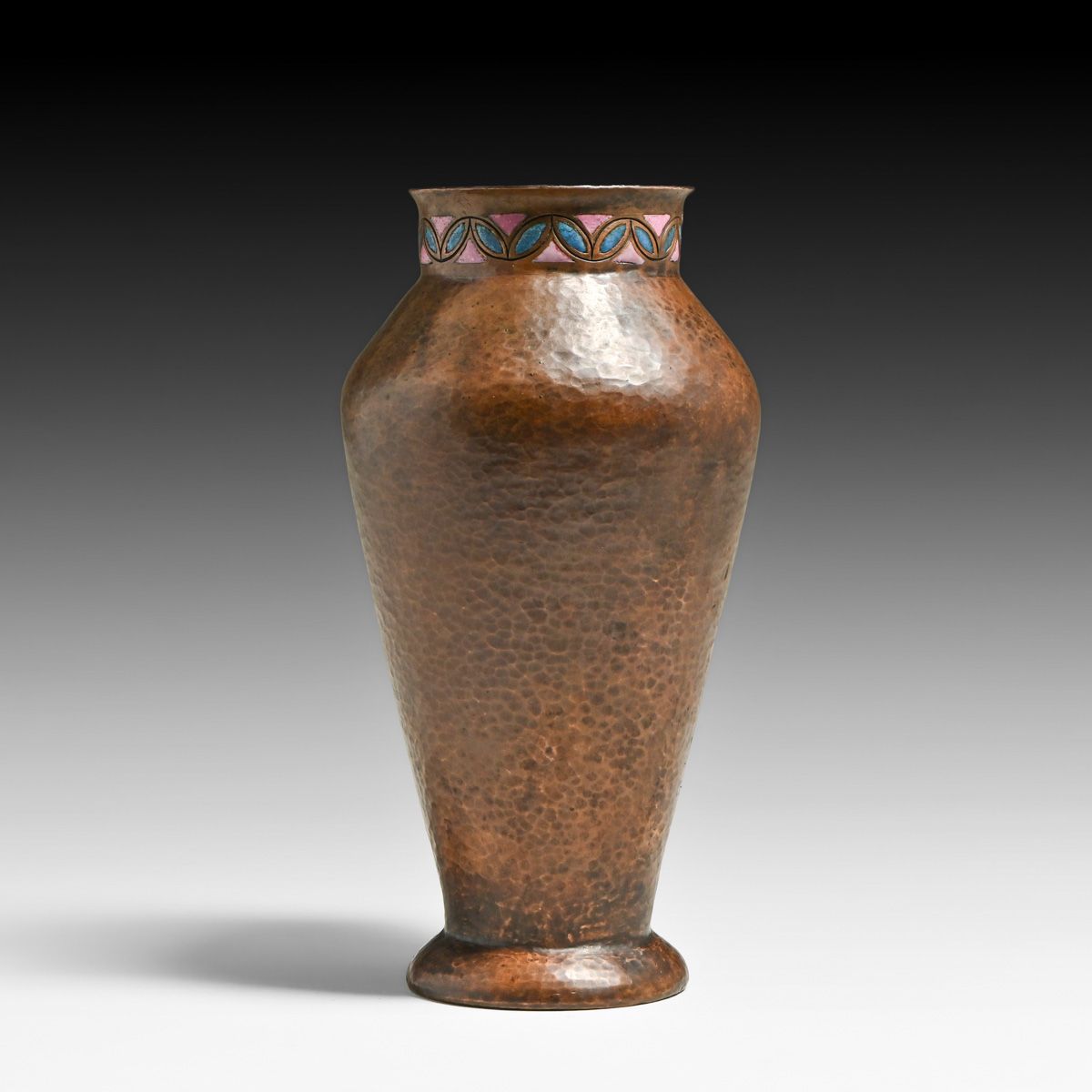 German Secessionist Hammered Copper & Enamel Vase c1905