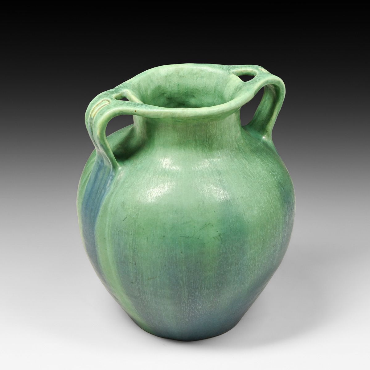 Arts & Crafts Period Two-Handled Cutout Matte Green & Blue Vase c1910
