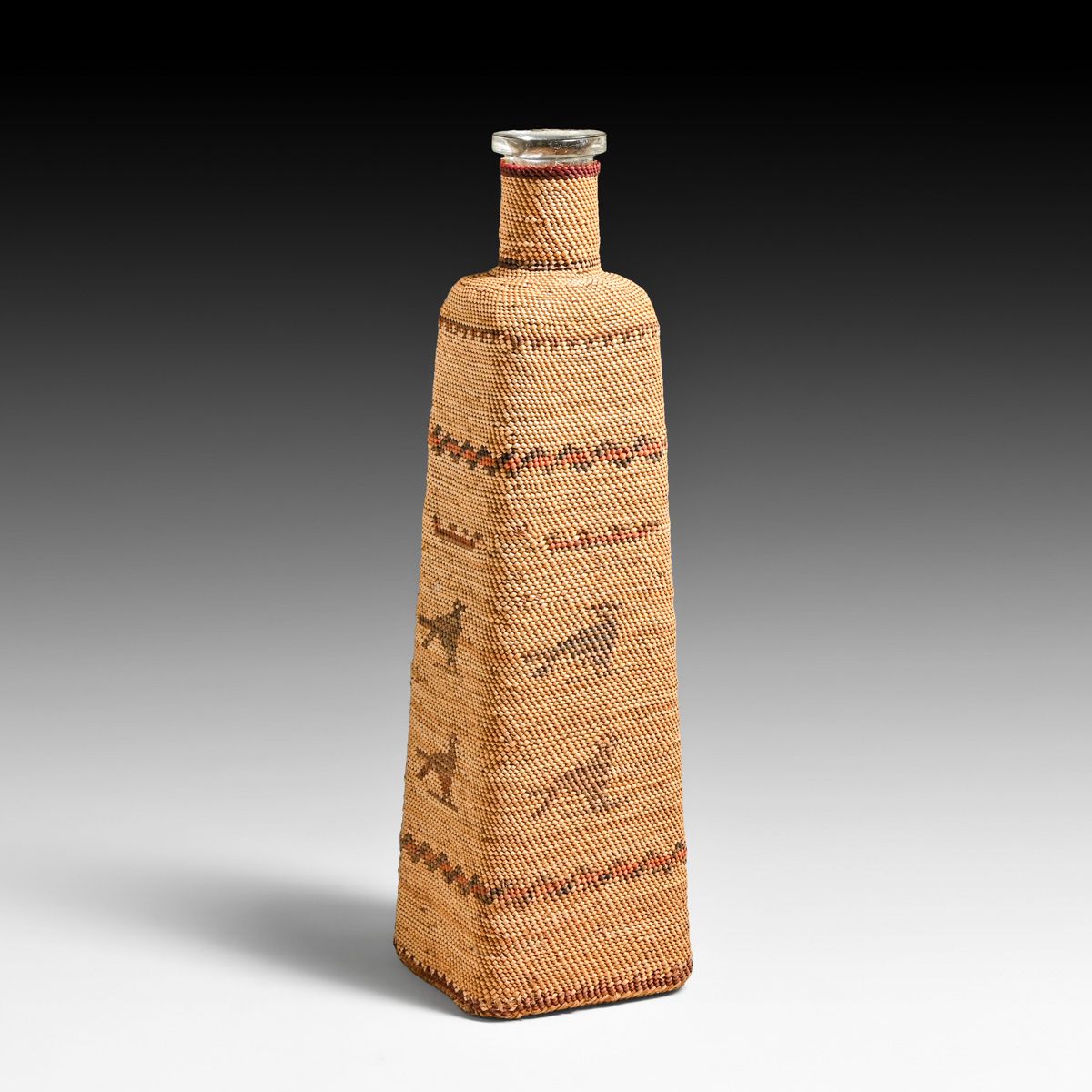 Pacific Northwest Makah / Nootka Hand-Woven Bird Motif Tapered Bottle Basket c1890s