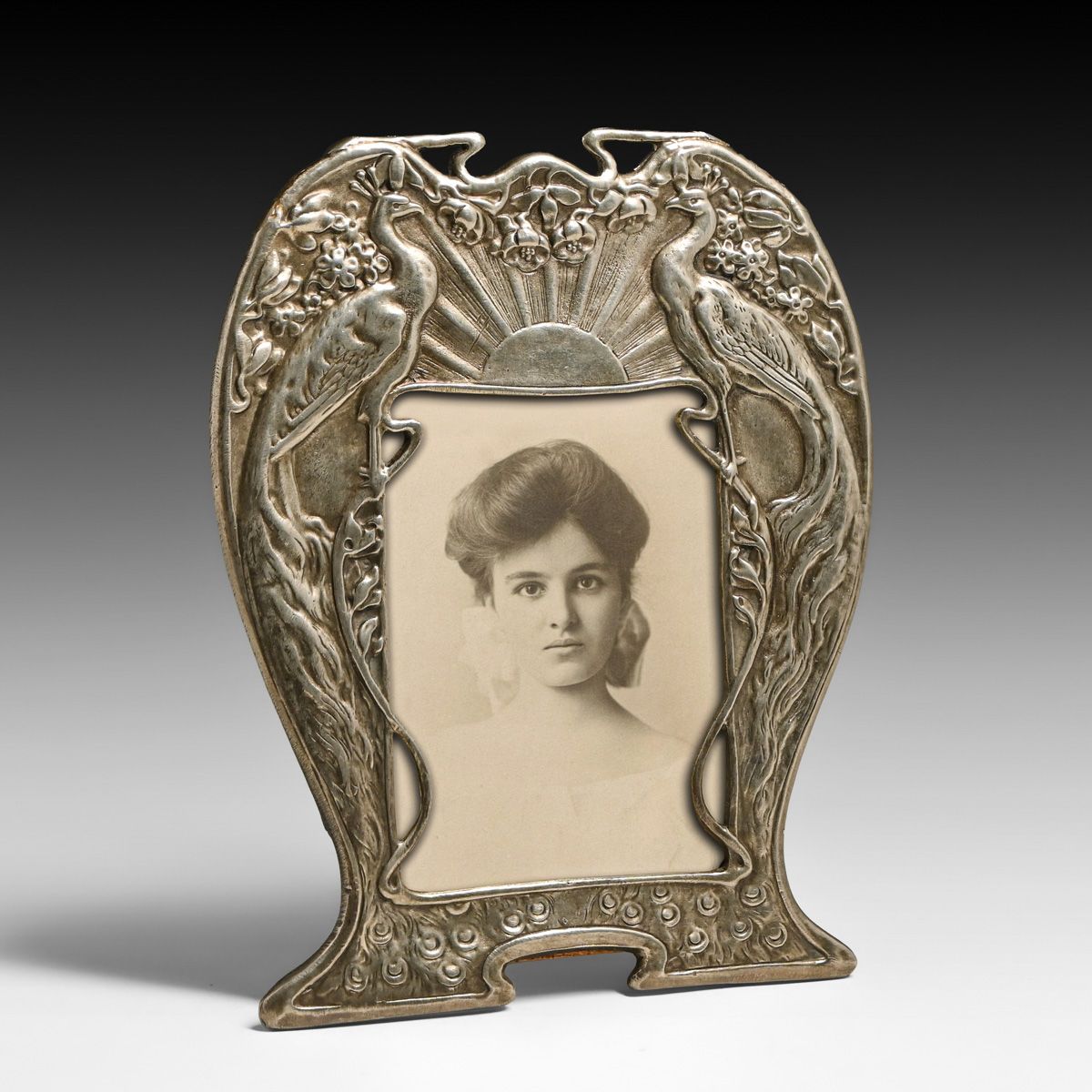 Art Nouveau Jugendstil Pewter Peacock Frame c1900