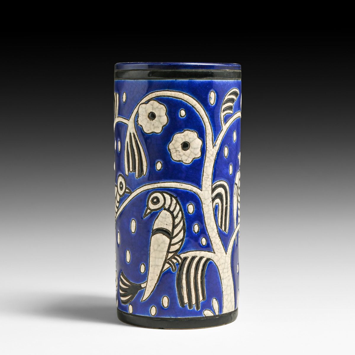 Longwy for Atelier Primavera French Art Deco Enameled Faience Bird Vase c1920s
