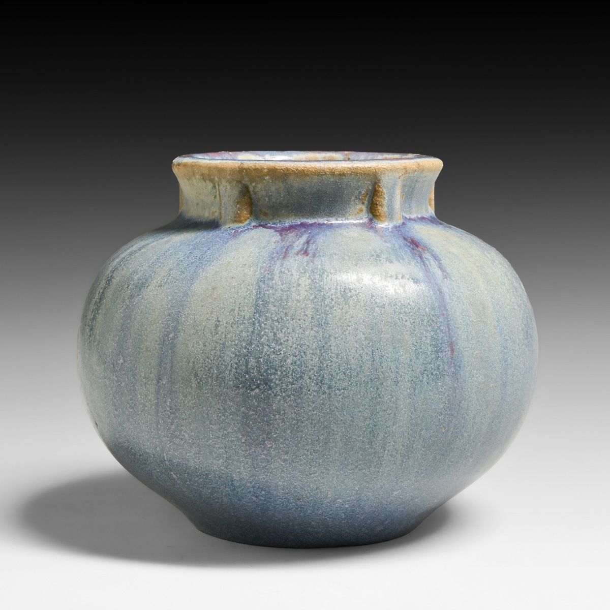 Fulper Pottery Vasekraft Spherical Ribbed Blue of the Sky over Violet Wistaria Flambé Vase c1910s.