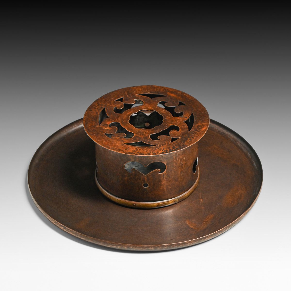 Minneapolis Handicraft Guild Hammered Copper Cutout Flower Frog & Tray Set c1910