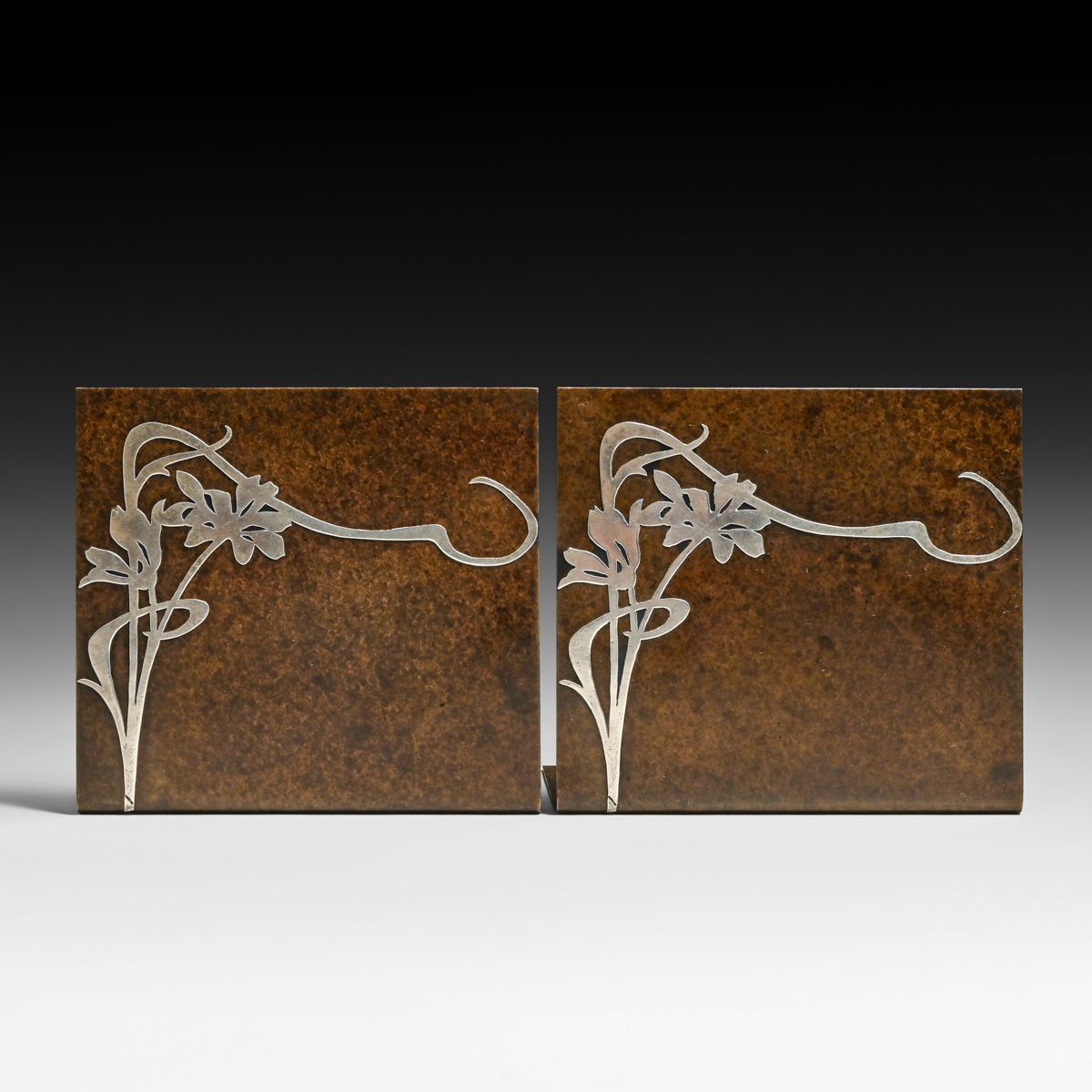 Early Heintz Sterling Silver on Bronze Lillies Overlay Bookends c1912