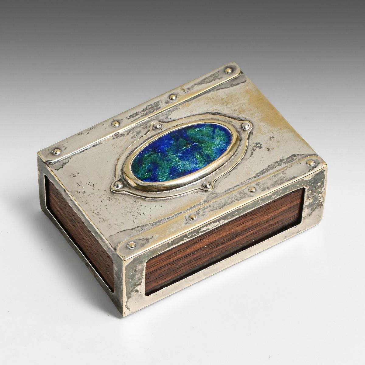 Birmingham, England Silver-Plated Hammered Copper & Ruskin Enamel Matchbox Holder c1900