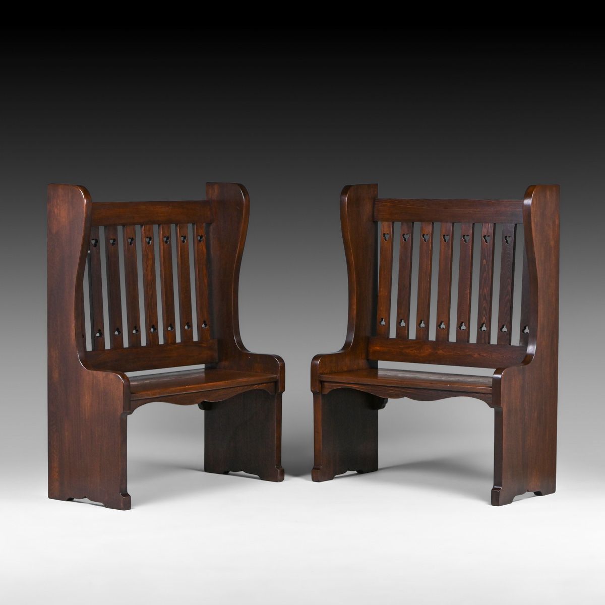 Pair Arts & Crafts Douglas Fir Cutout Inglenook Benches c1910