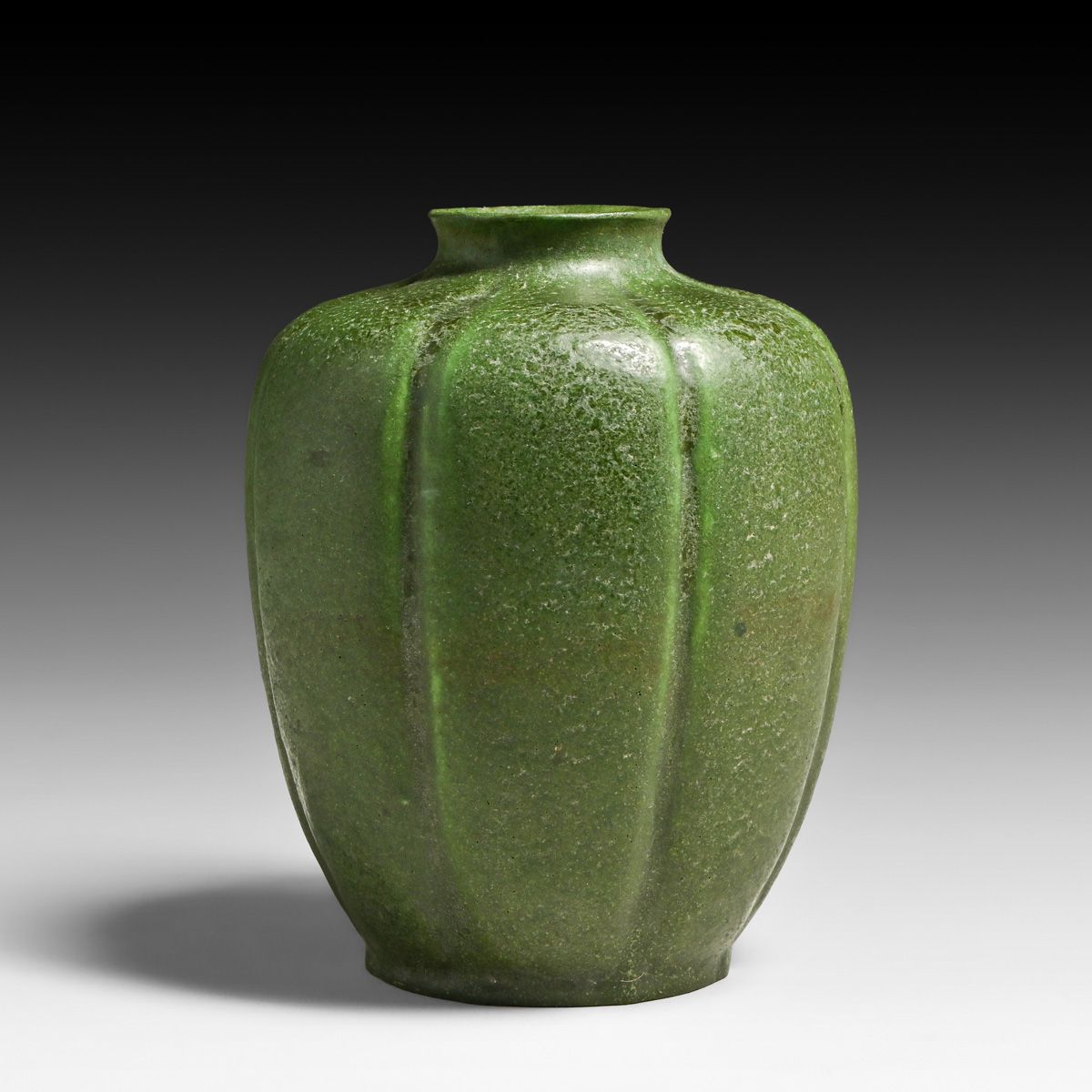 Grueby Pottery Matte Green Ribbed Vase c1905