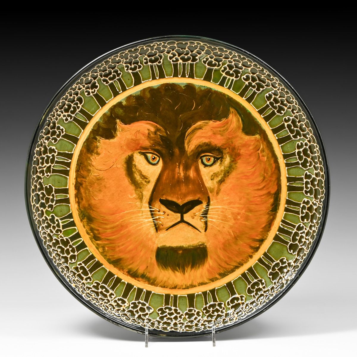Rare & Important Vance-Avon Faience Frederick Hurten Rhead "King of the Jungle" Charger c1902-1903