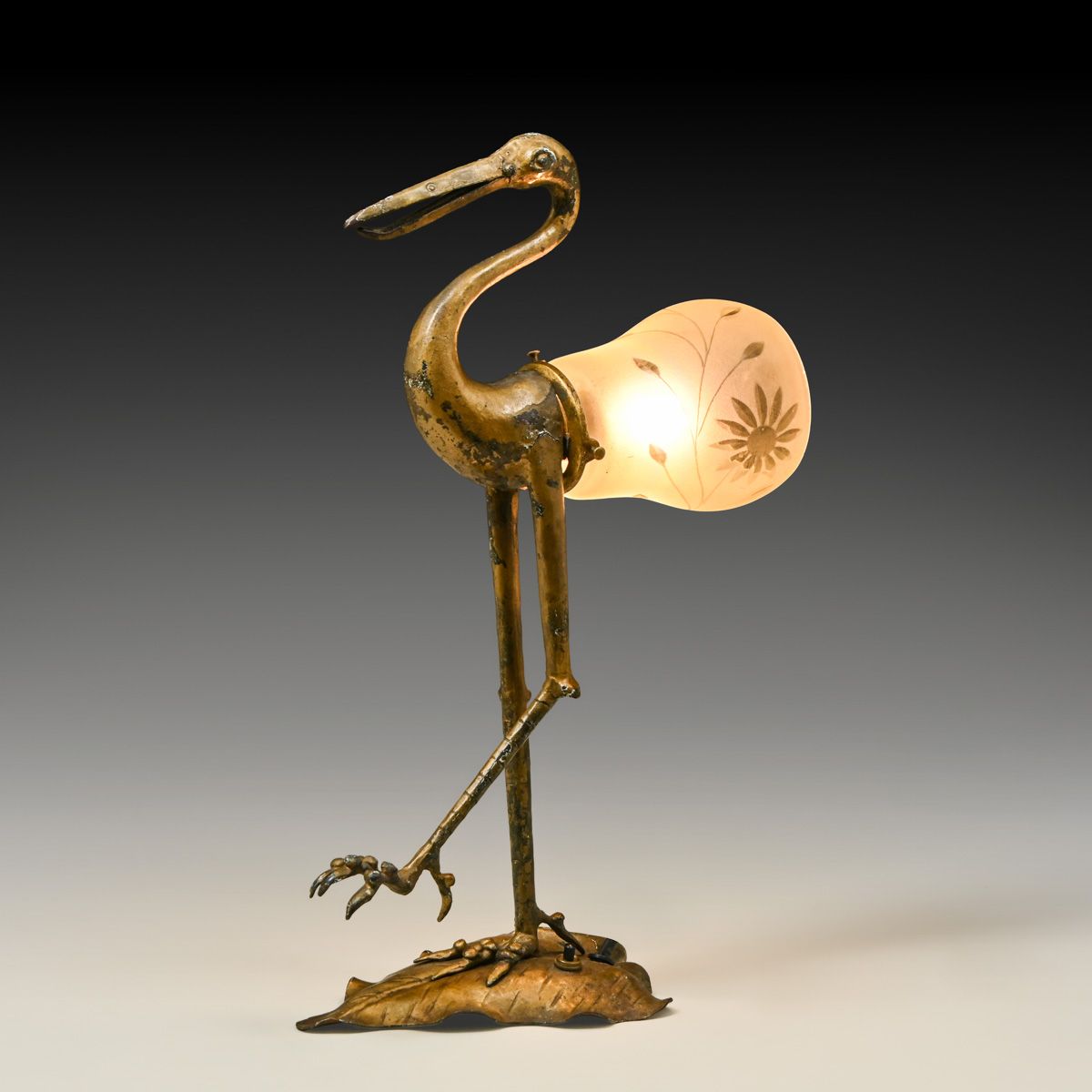 French Art Nouveau Bronze Figural "Heron" Desk Lamp c1920s