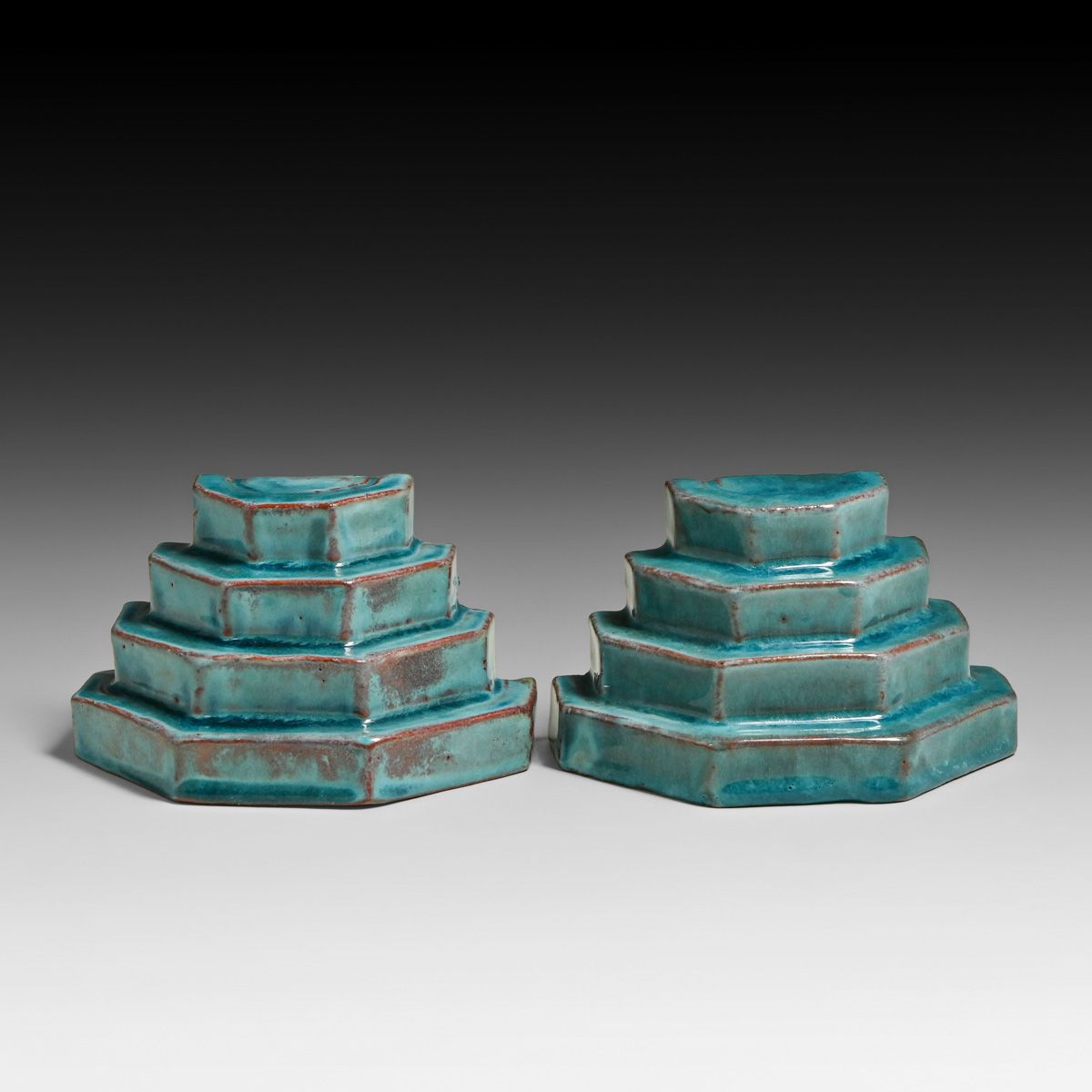 Pewabic Pottery Iridescent Blue Art Deco Stair-Stacked Bookends c1920s