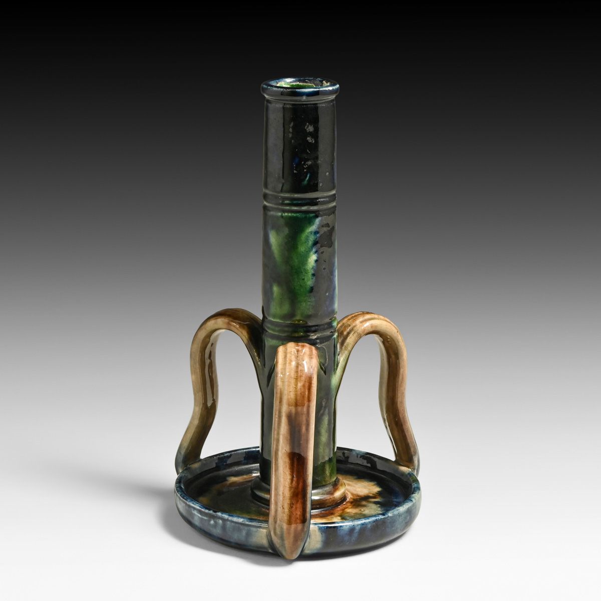 Belgian Art Nouveau Three-Handled Majolica Candlestick c1910