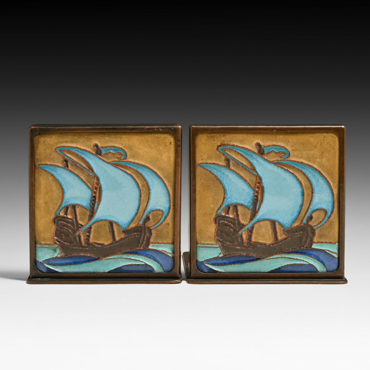 Dirk van Erp - California Faience Hammered Copper Galleon Ship Tile Bookends c1920s