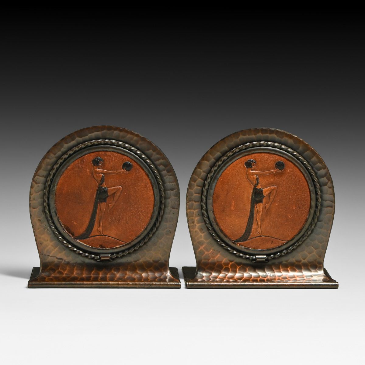 Roycroft Hammered Copper & Art Deco Tooled Leather Bookends c1920s