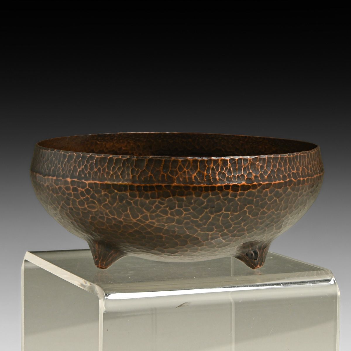 Early Roycroft – Walter Jennings Hammered Copper Three-Footed Nut Bowl c1915