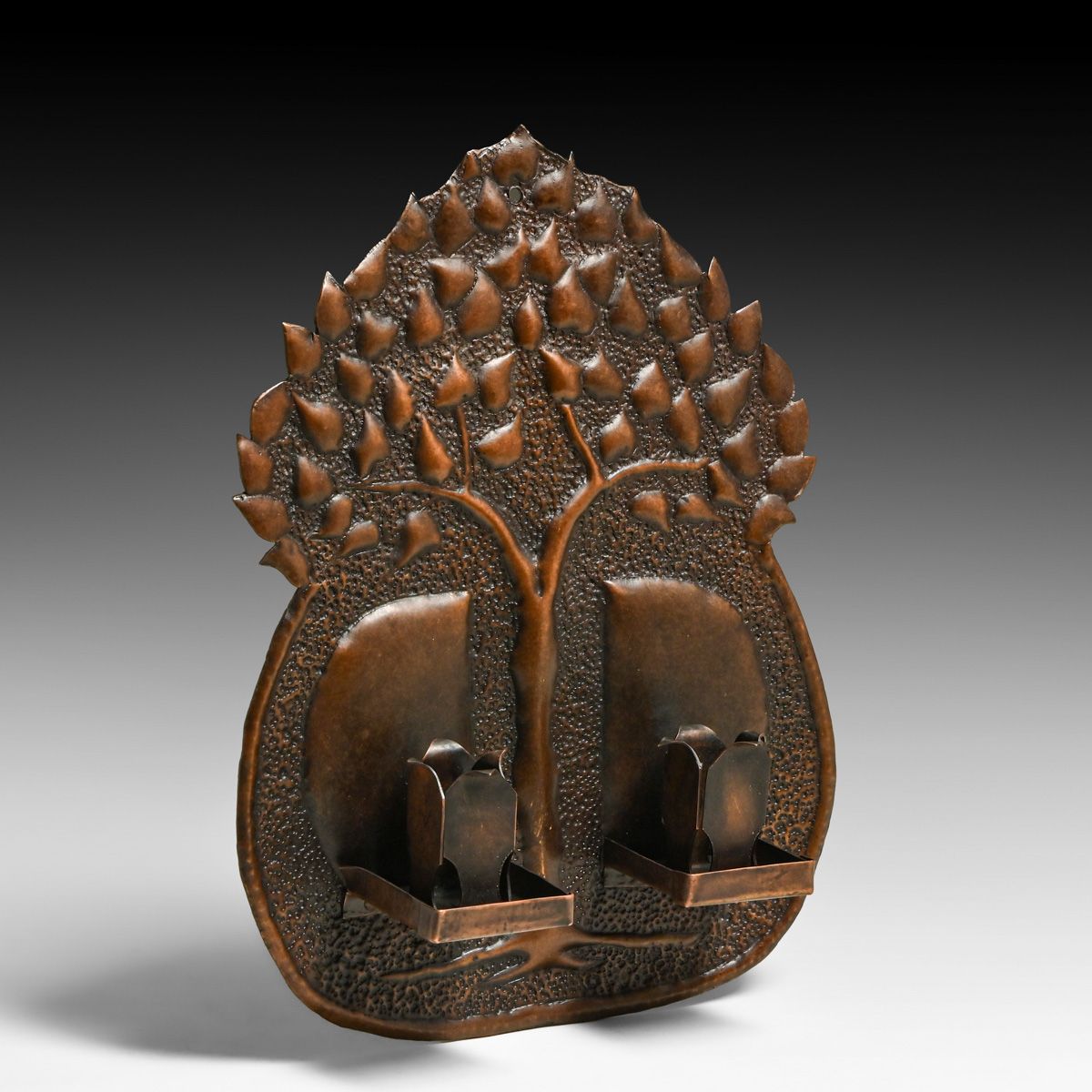 Arts & Crafts Period Repousse Hammered Copper Tree-of-Life Double Candlesconce c1900s