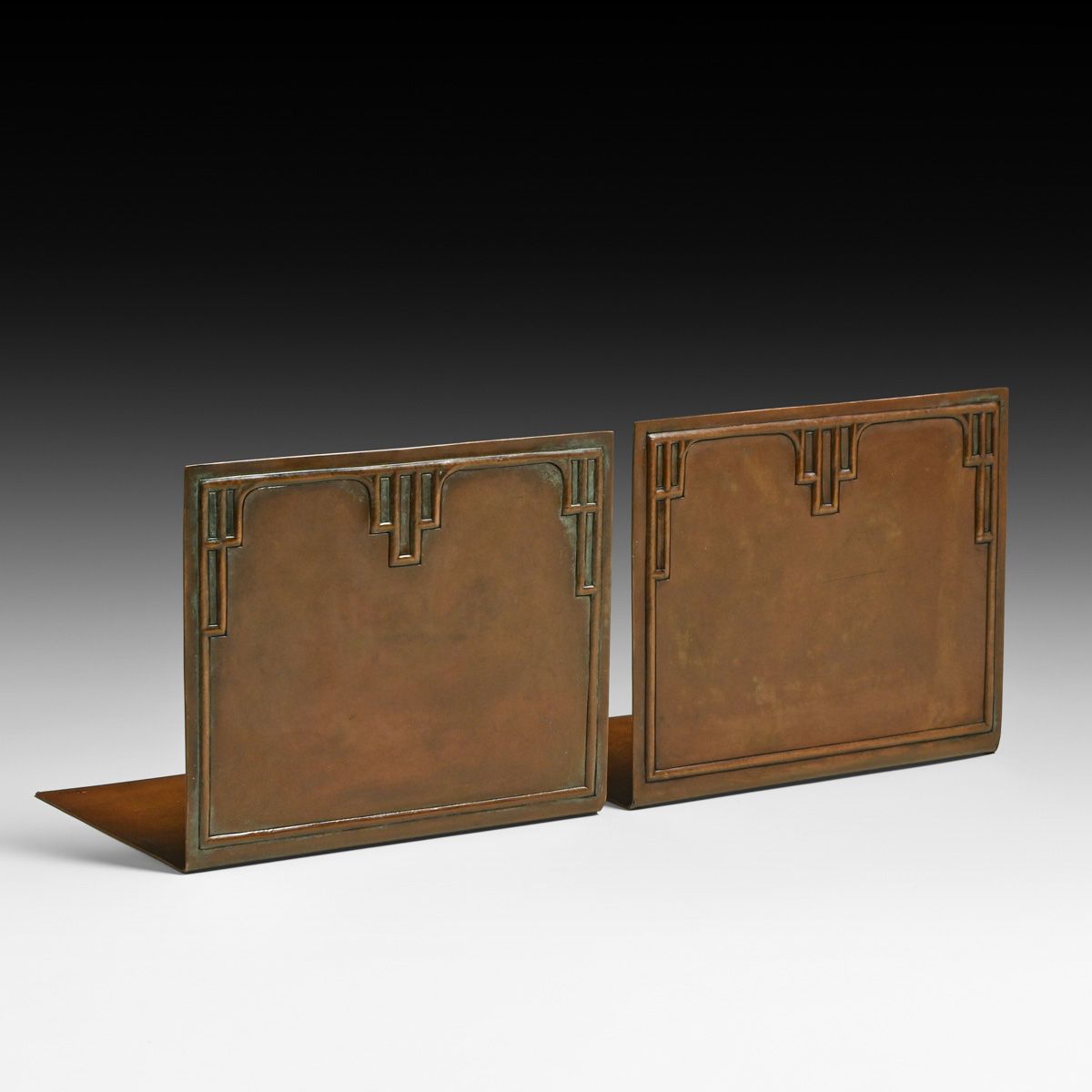 Jarvie - Chicago Prairie School Hammered Copper Bookends c1910