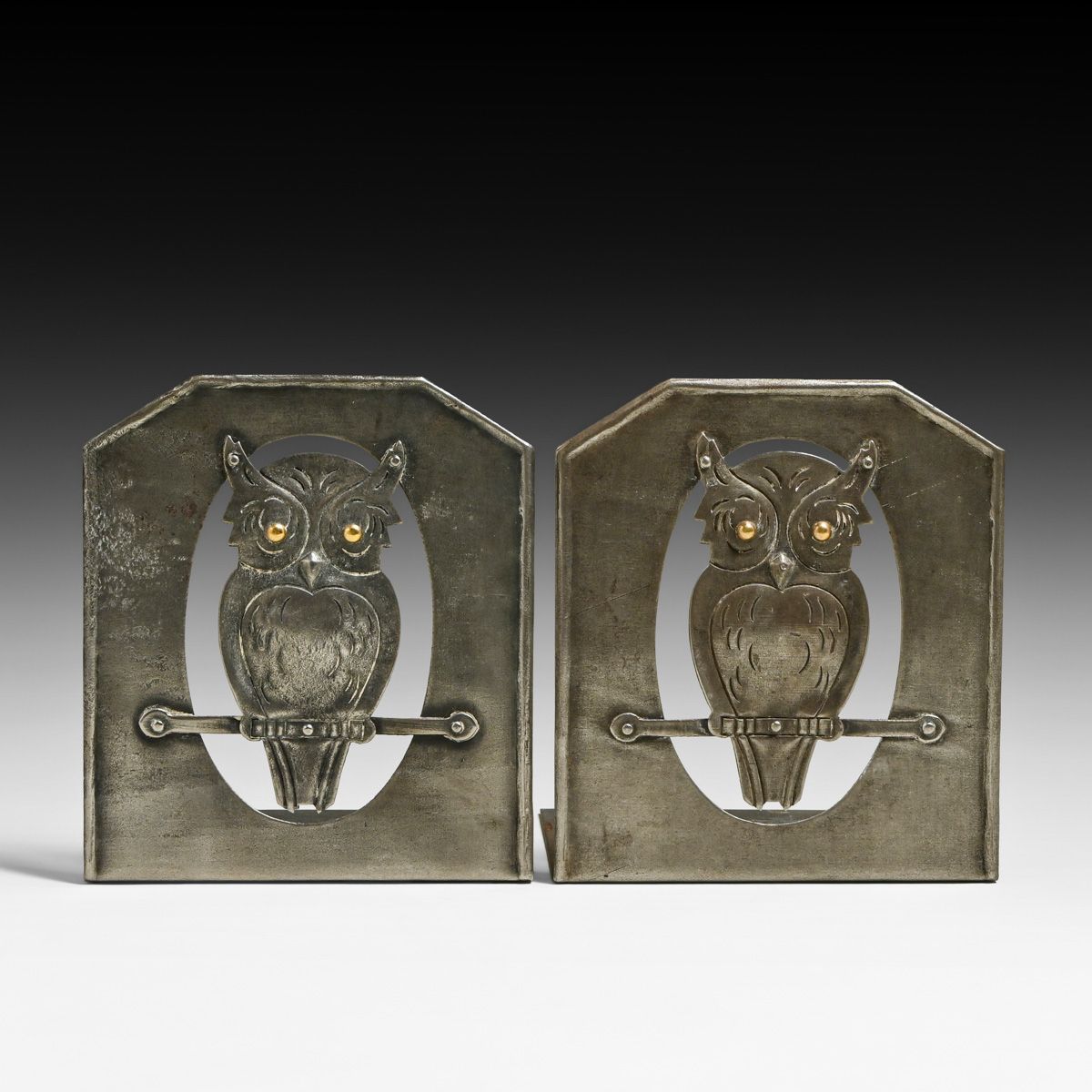 Hugo Berger - Goberg - German Jugendstil Cutout Pewter Owl Bookends c1910