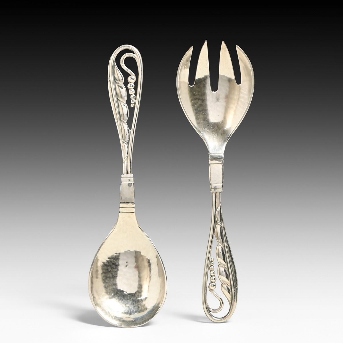 Georg Jensen #42 Sterling Silver Peapod Small Salad / Hors d'Oeuvre Serving Set 1926
