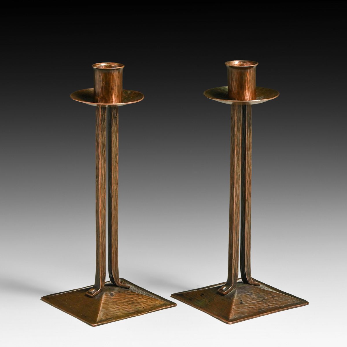Karl Kipp Hammered Copper "Princess" Candlesticks c1915